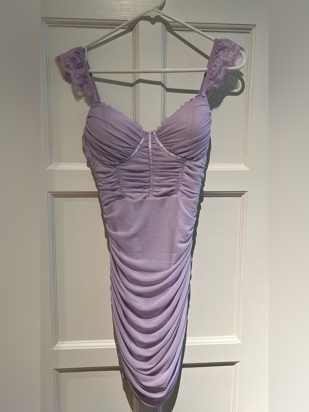 Privy Lavender Ruched Lace Strap Bodycon Mini Dress Size S